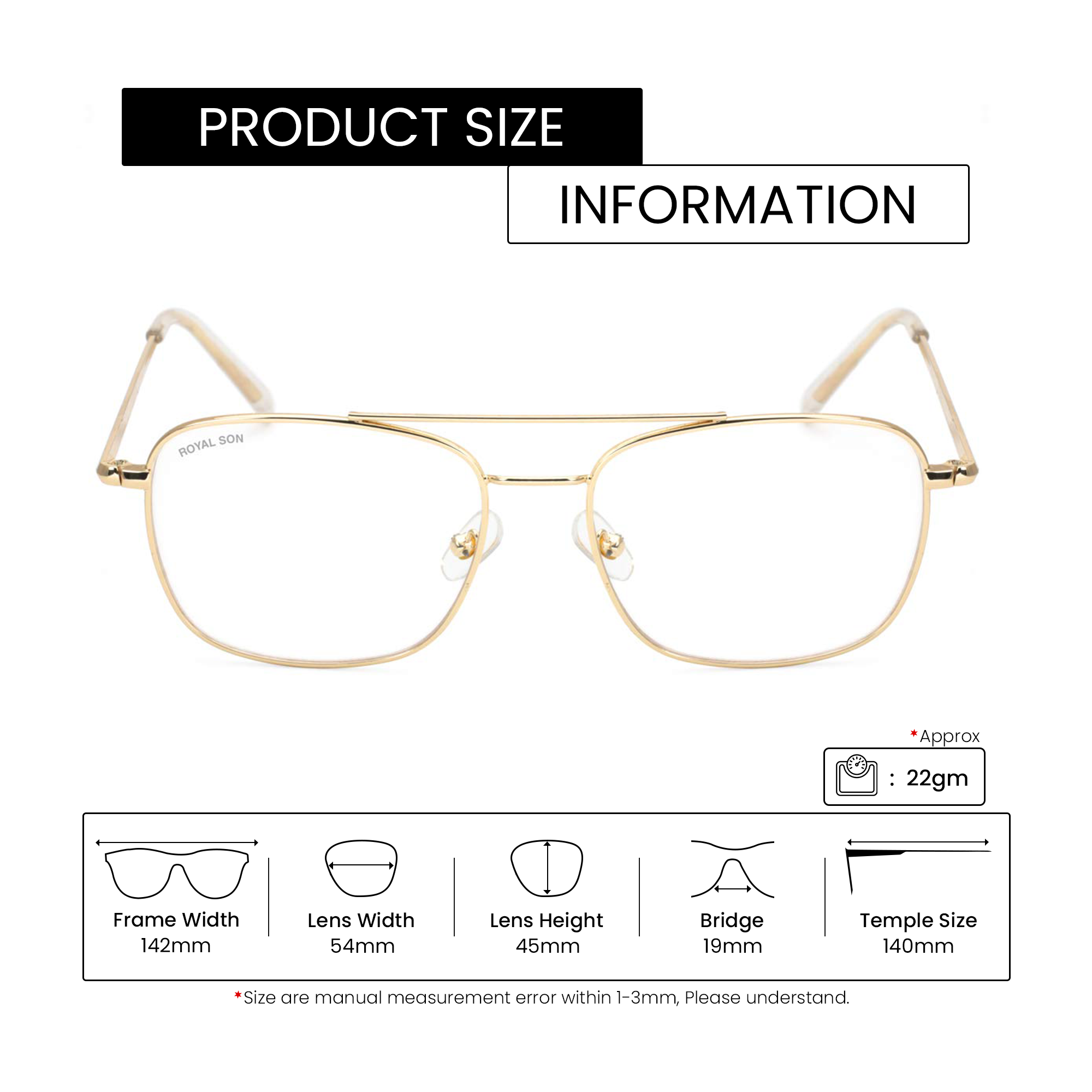 ROYAL SON Retro Square Spectacle Frame For Men And Women (RS0022SF|50|Transparent Lens)