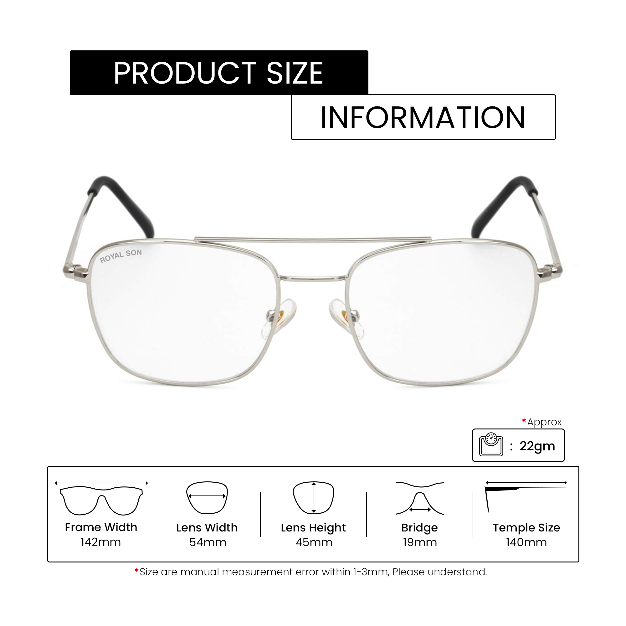 ROYAL SON Retro Square Spectacle Frame For Men And Women (RS0024SF|50|Transparent Lens)