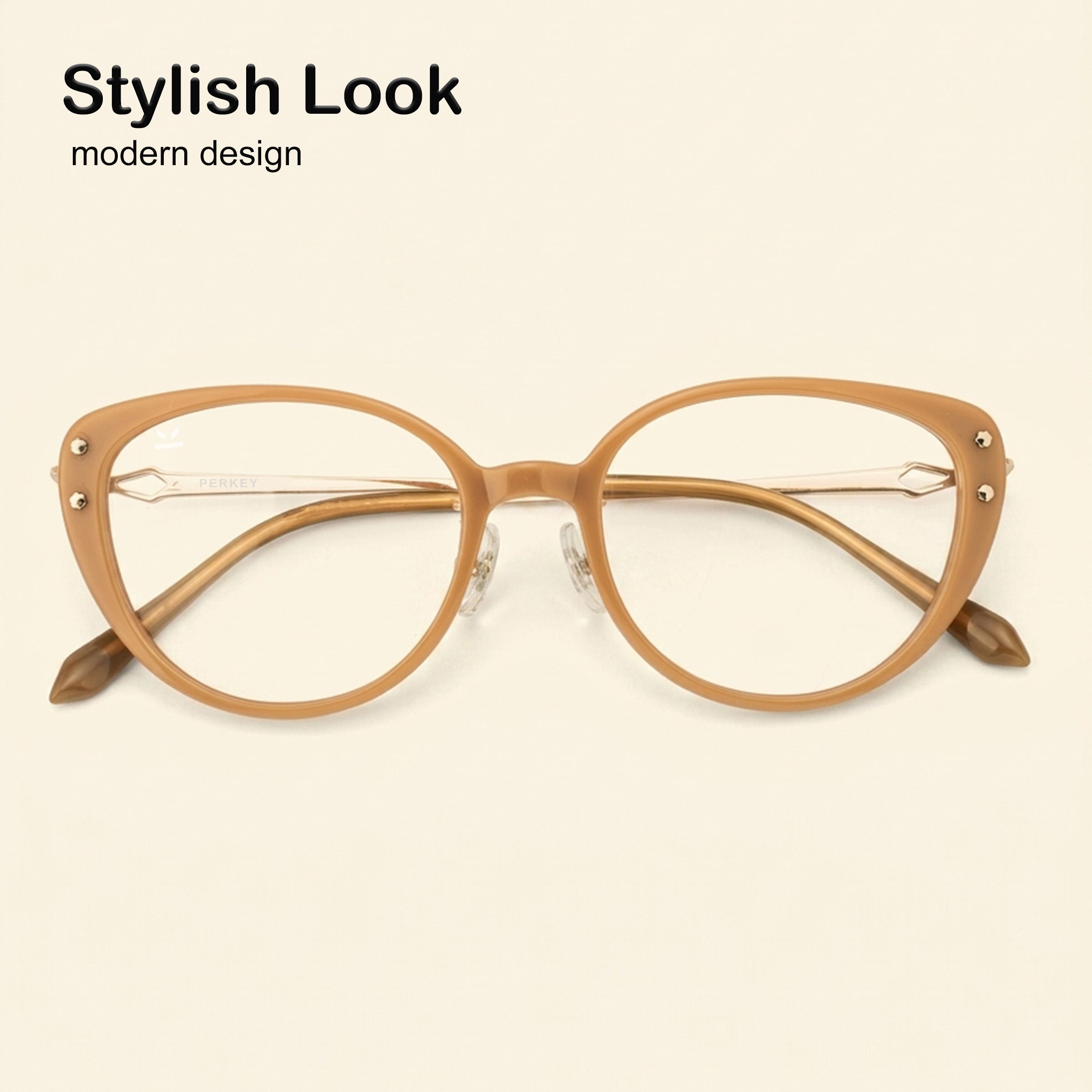 PERKEY Full Rim Cat Eye Gold Brown Spectacle Frame For Women - OPTL0026-C2