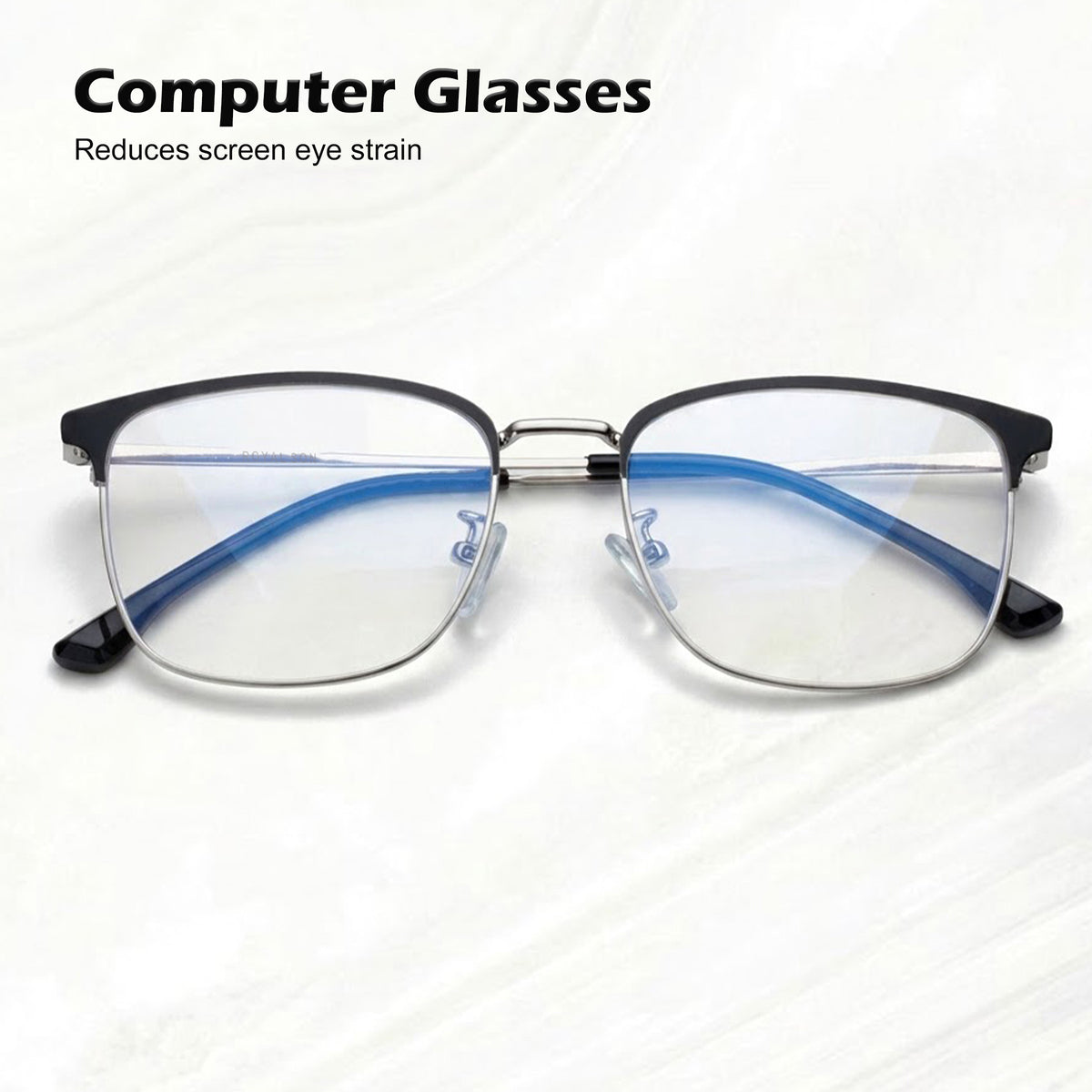 Royal Son Square Black Silver Blue Light Blocking Eyeglasses Men Women - SF0087-C3