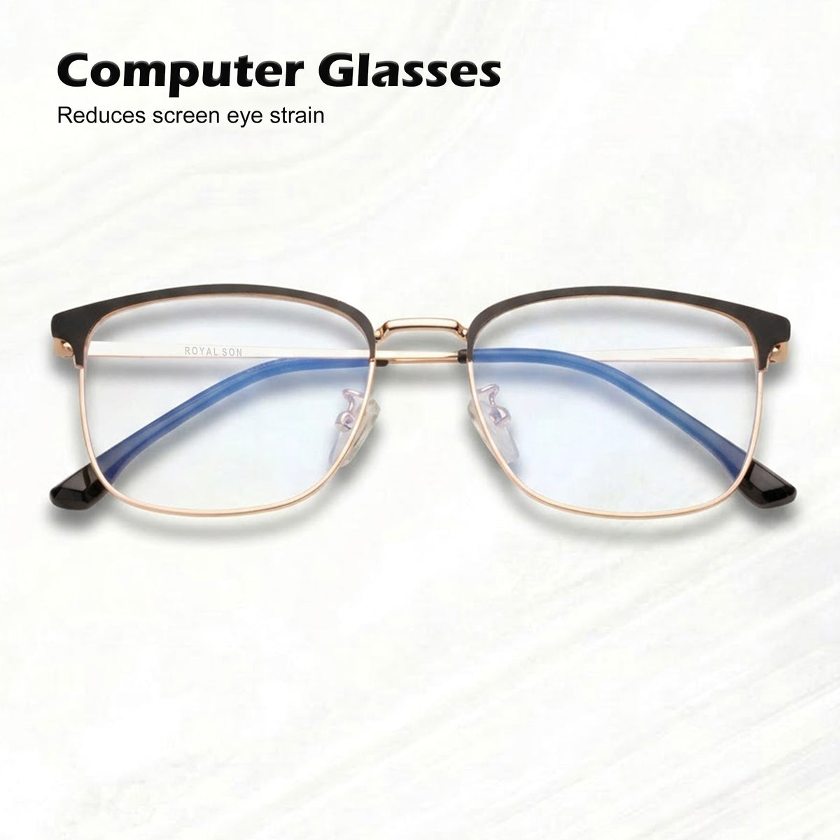 Royal Son Full Rim Black Gold Anti glare Blue Cut Spectacles Frames Men Women -SF0087-C4