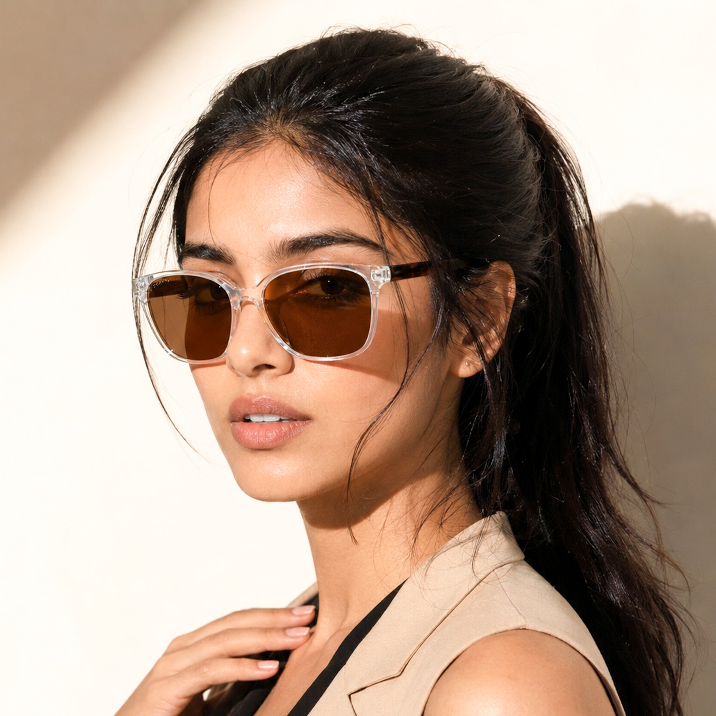 PERKEY Square Brown UV Protected Polarized Sunglasses Men Women - PRKY008-C2