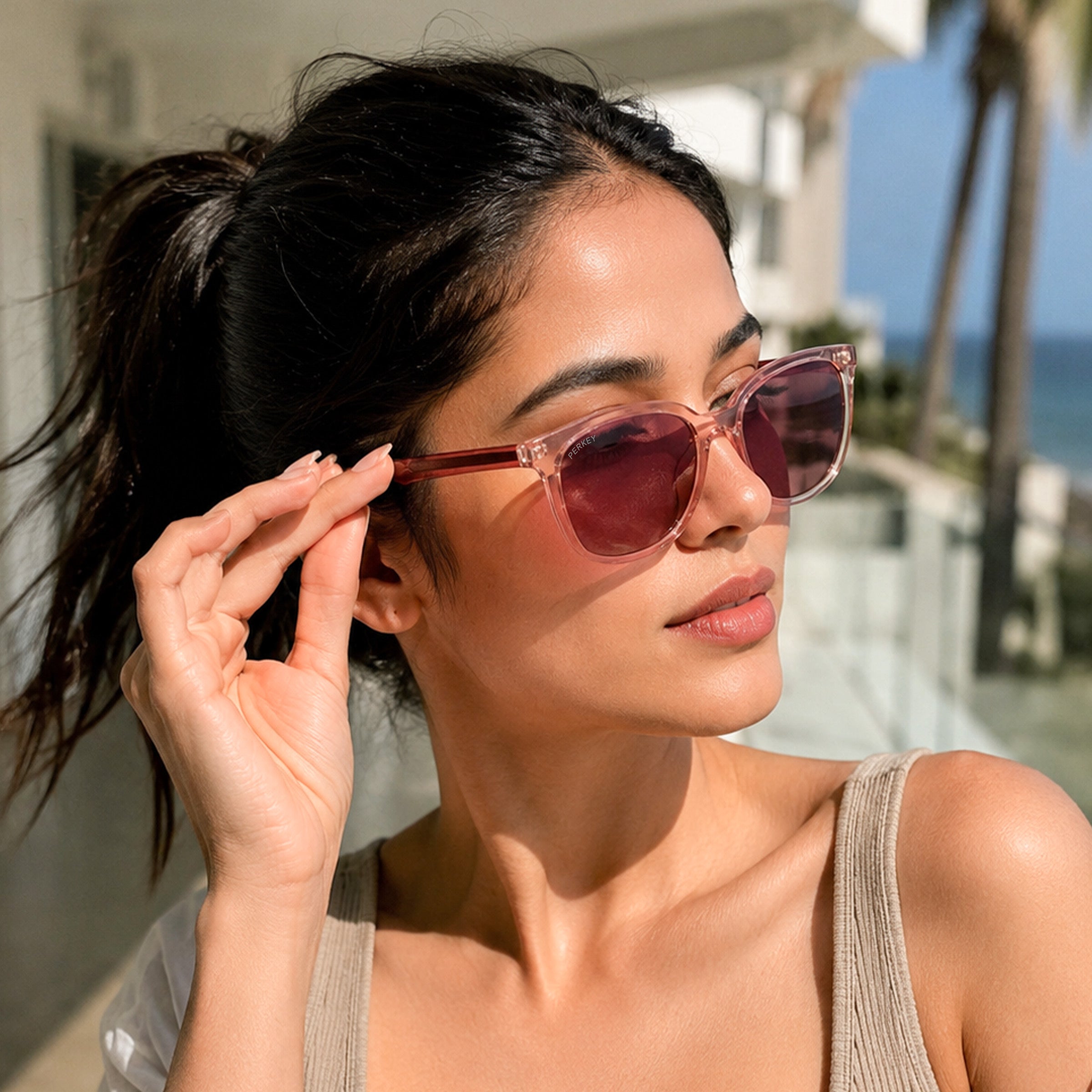 PERKEY Square Pink UV Protected Polarized Stylish Sunglasses Men Women - PRKY008-C3