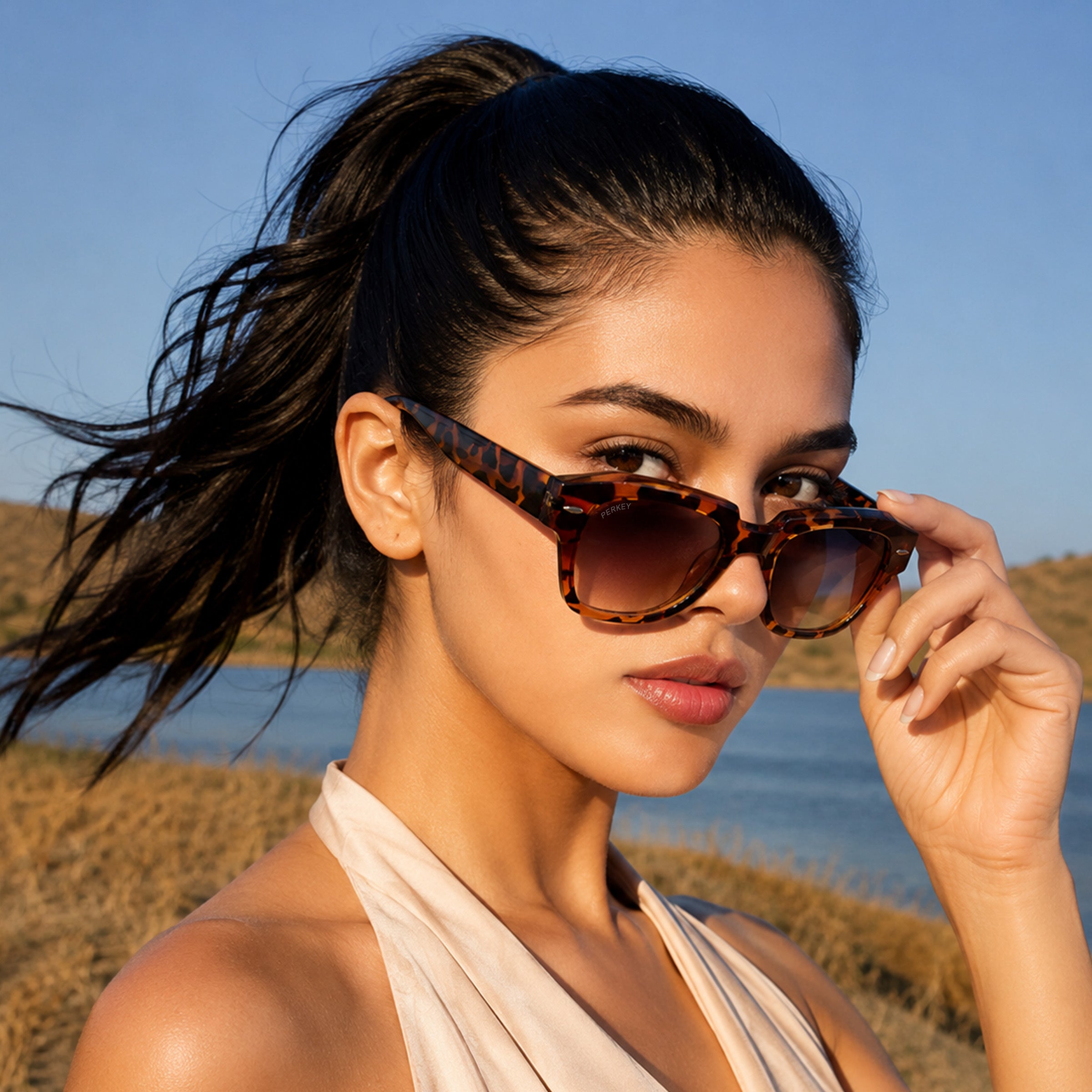 PERKEY Square Brown UV Protected Polarized Cooling Sunglasses Men Women - PRKY004-C5