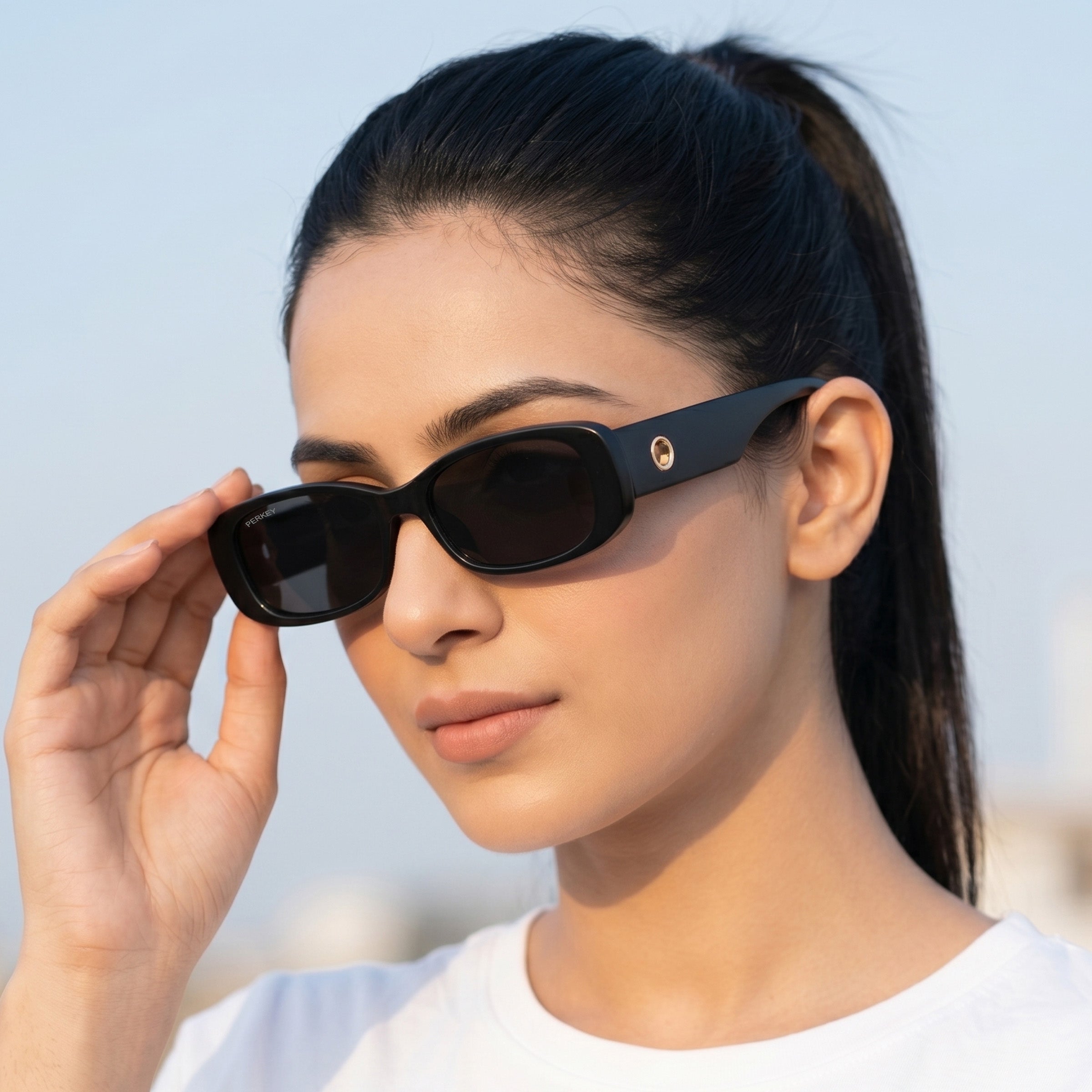 PERKEY Rectangle Black UV Protected Polarized Cooling Sunglasses Men Women - PRKY006-C1