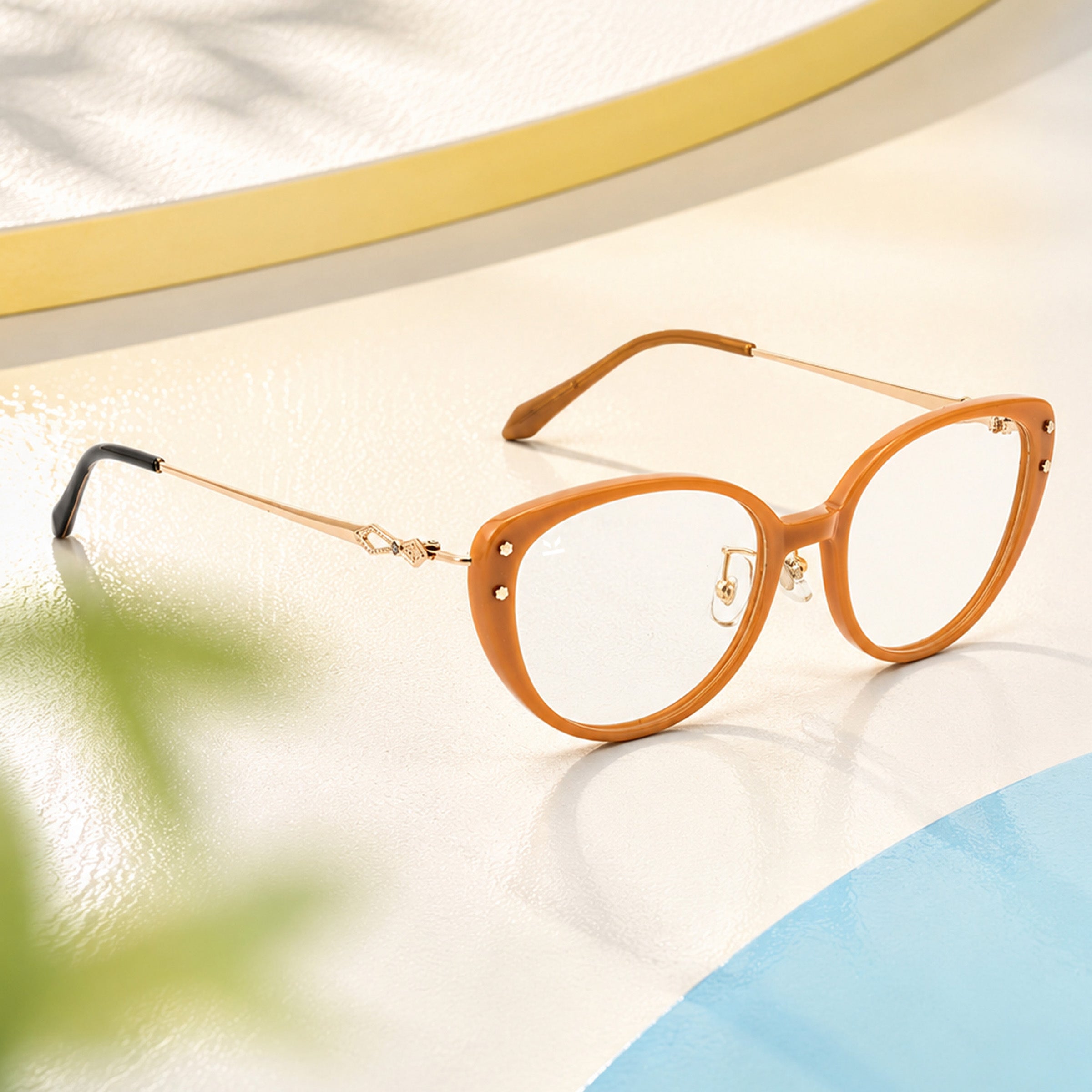 PERKEY Full Rim Cat Eye Gold Brown Spectacle Frame For Women - OPTL0026-C2